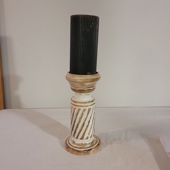 Mango Wood 9.5" Candle Holder With 6" Pillar Ribbed Candle - Picture 1 of 7